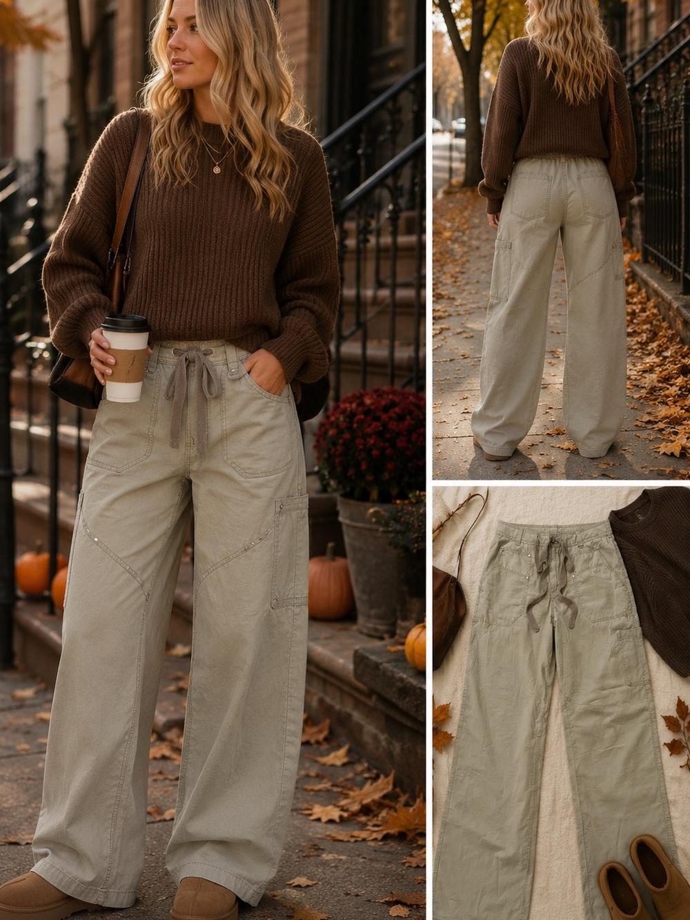 Wide-Leg cargo utility 100% Cotton Drawstring Pants in Light khaki size 10 long